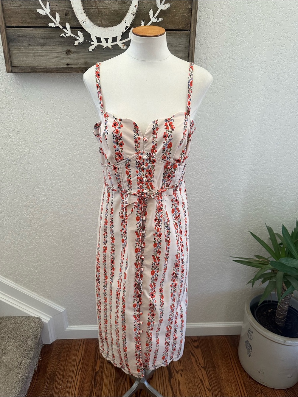 Anthropologie Floral Stripe Midi Dress - White with Red Floral size 10 NWT